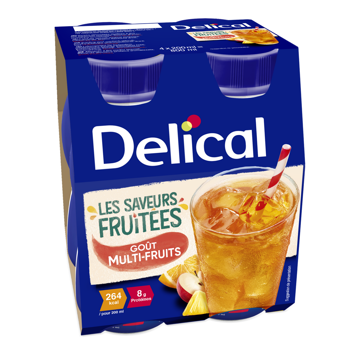 Delical Saft Getränk Multifrucht, 200 ml Packung mit Glasabbildung.