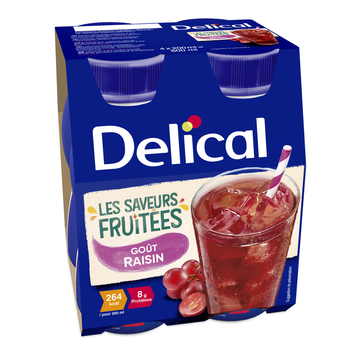 Sechserpack DELICAL SAFT Getränk Traube mit Glasabbildung.