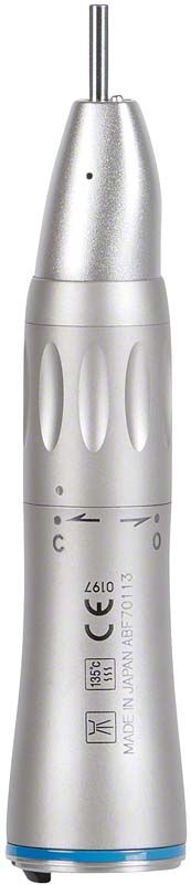 Ti-Max X Handstück Typ X65L blau mit Licht, Nahaufnahme des silbernen Gehäuses.