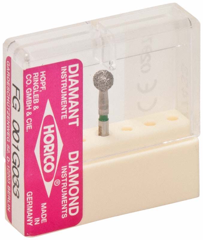 Diamant-Instrument FG 001G 033 in Plastikverpackung mit rosa Etikett.