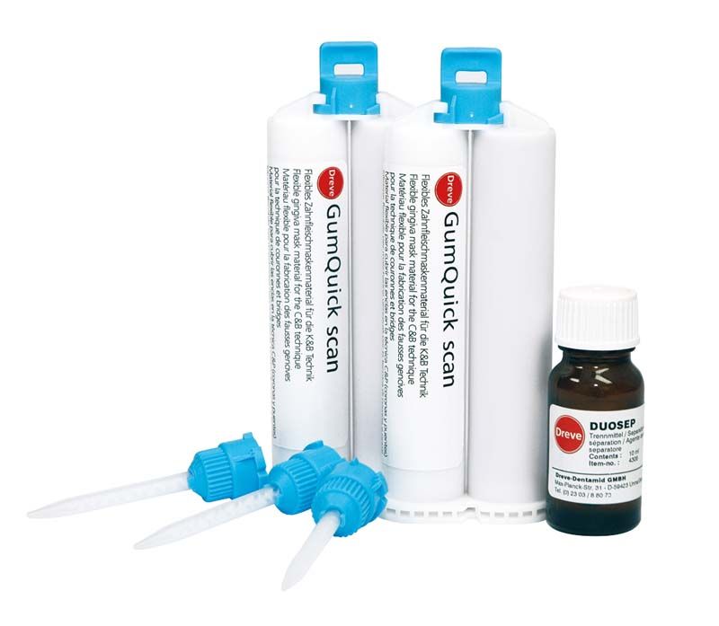 Zwei Kartuschen GumQuick scan und ein Fläschchen DUOSEP von Dreve Dentamid.