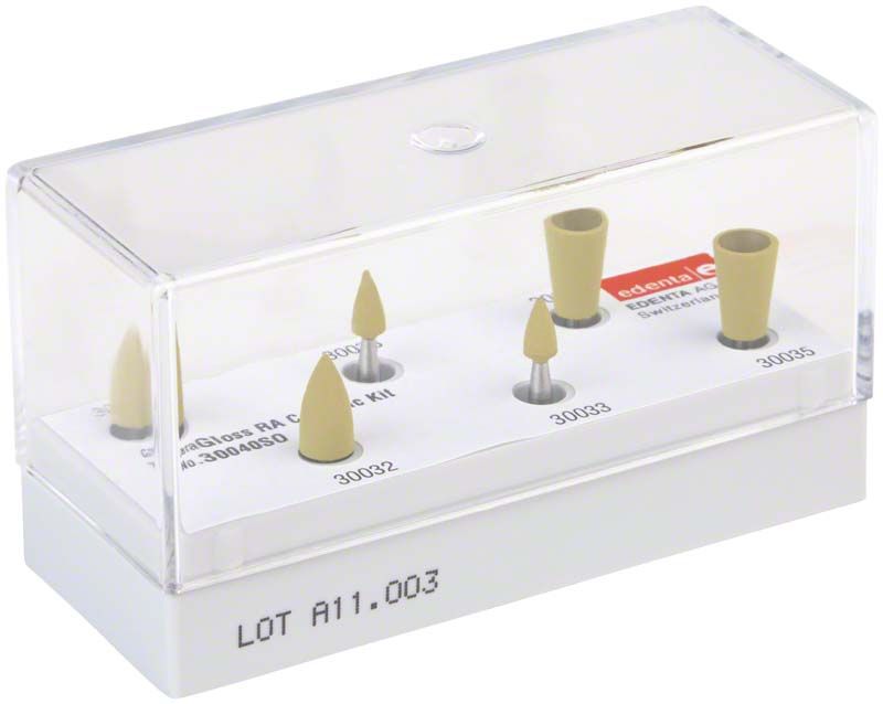 CeraGloss Polierer Kit RA in transparenter Kunststoffverpackung mit mehreren Polieraufsätzen.