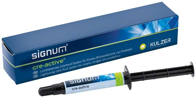 Lichthärtendes Signum cre-active T1 System mit Applikationsspritze und Verpackung.