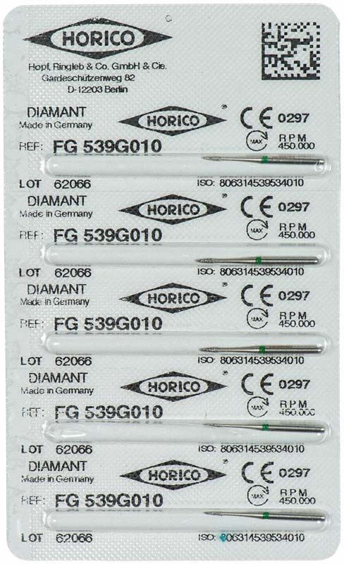 Verpackung von Diamant FG 539G 010 Schleifinstrumenten mit CE-Kennzeichnung.