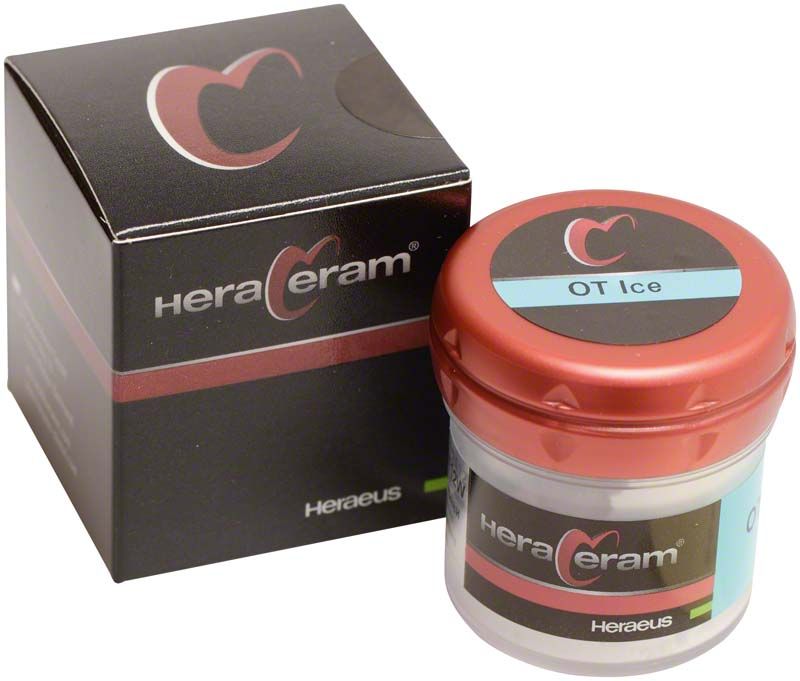 HeraCeram® Opal Transpa 20g - OTIce in rotem Behälter mit Verpackung.