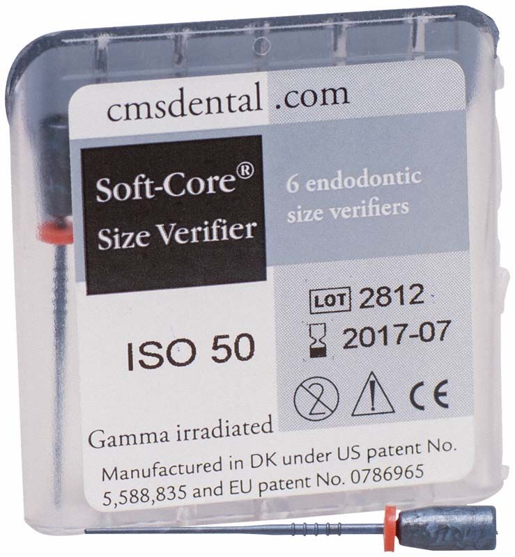 Transparente Verpackung mit Soft-Core Prüfstift ISO 050 und Größenprüfer.