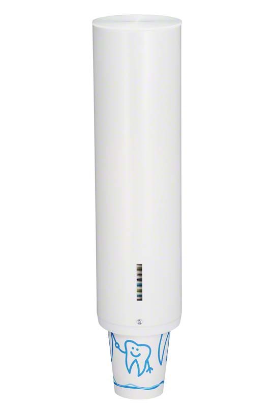 Becherspender Beycodent aus Metall mit Zahnmotiv auf einem Becher.