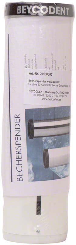 Becherspender Beycodent mit weißem Gehäuse und Herstellerinformationen.