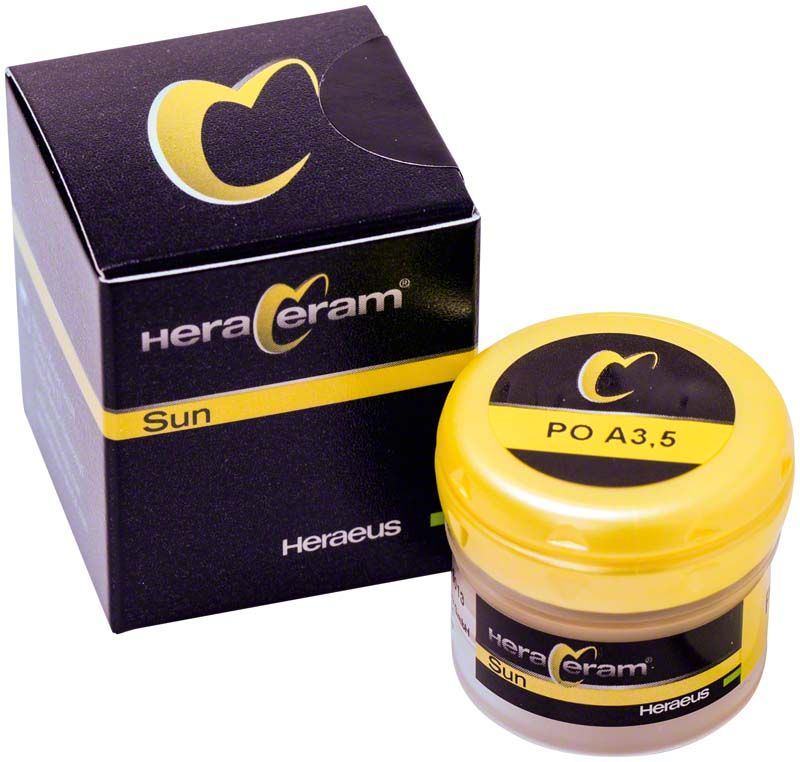 HeraCeram® Sun Pastenopaker PO A3,5 mit Verpackung, gelb-schwarzes Design.