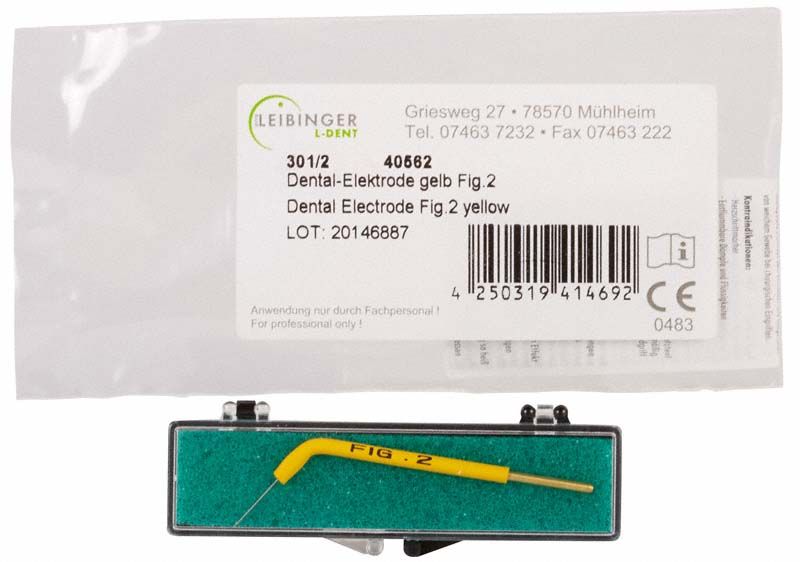 Elektrochirurgische Elektrode Fig. 2, gelb, in Verpackung mit Halterung.