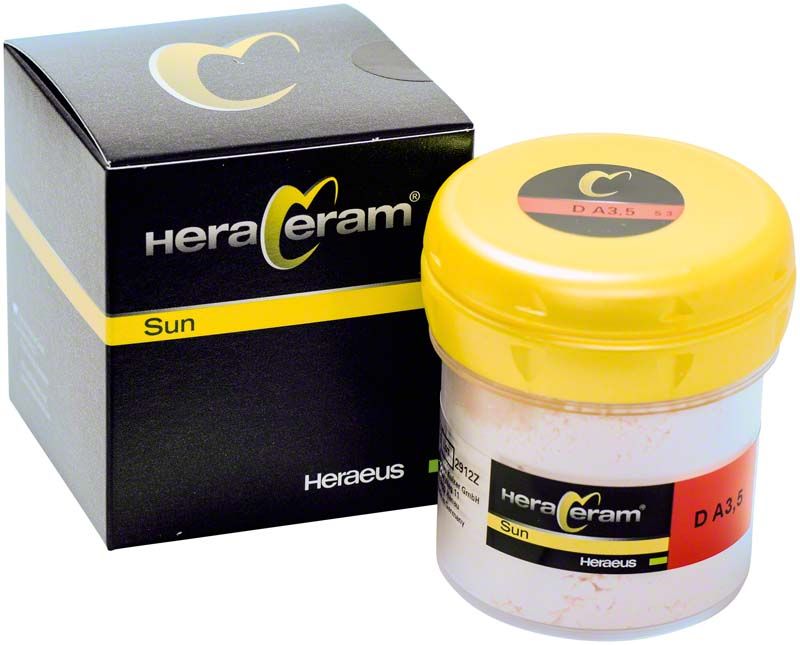 HeraCeram®Sun Dentin 100g DA3,5 in gelbem Behälter mit Verpackung.