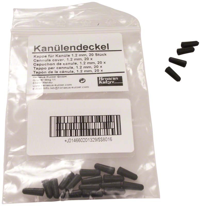 Kappen für Kanülen 1,2 mm in transparenter Verpackung mit Etikett.