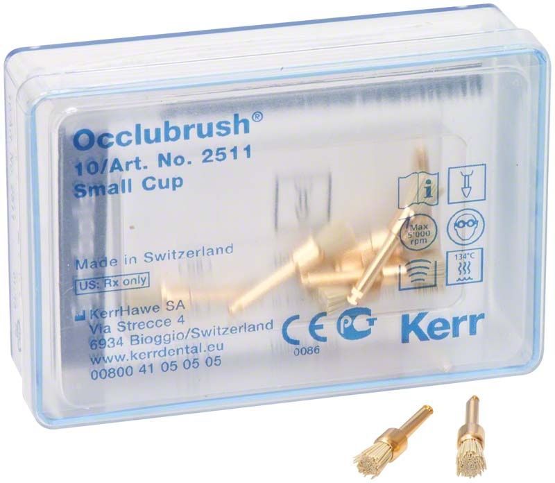 Occlubrush® Kleiner Kelch Polierbürsten im transparenten Kunststoffbehälter.