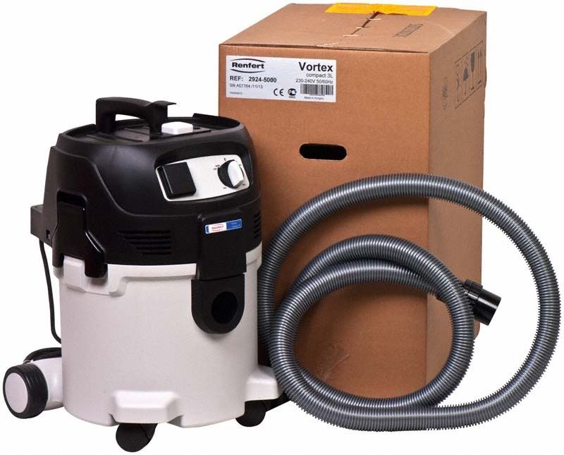 Nass- und Trockensauger Vortex compact 3L mit Schlauch und Verpackung.