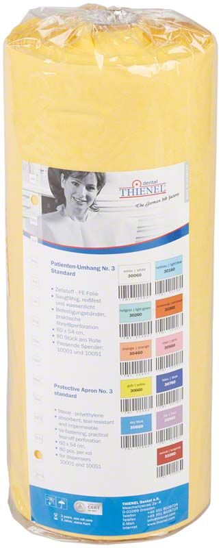 Patientenumhänge Nr.3 standard gelb in Verpackung mit Produktdetails.