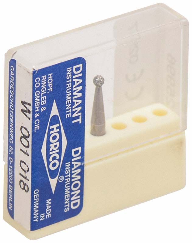 Dentaler Diamantbohrer in transparenter Verpackung mit blauer Beschriftung.