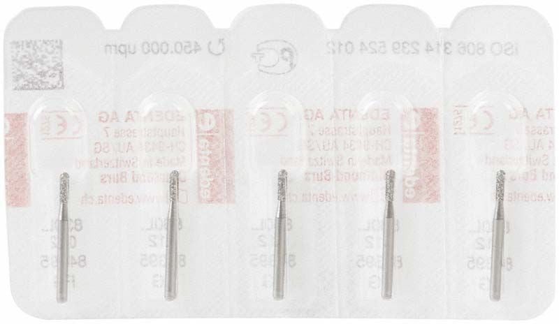 Verpackung mit fünf Diamant FG 830L 012 Schleifern für Dentalarbeiten.