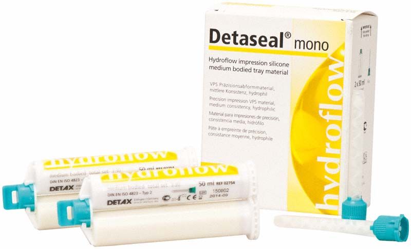 Detaseal hydroflow mono Kartuschen 2 x 50ml mit Verpackung und Mischdüsen.