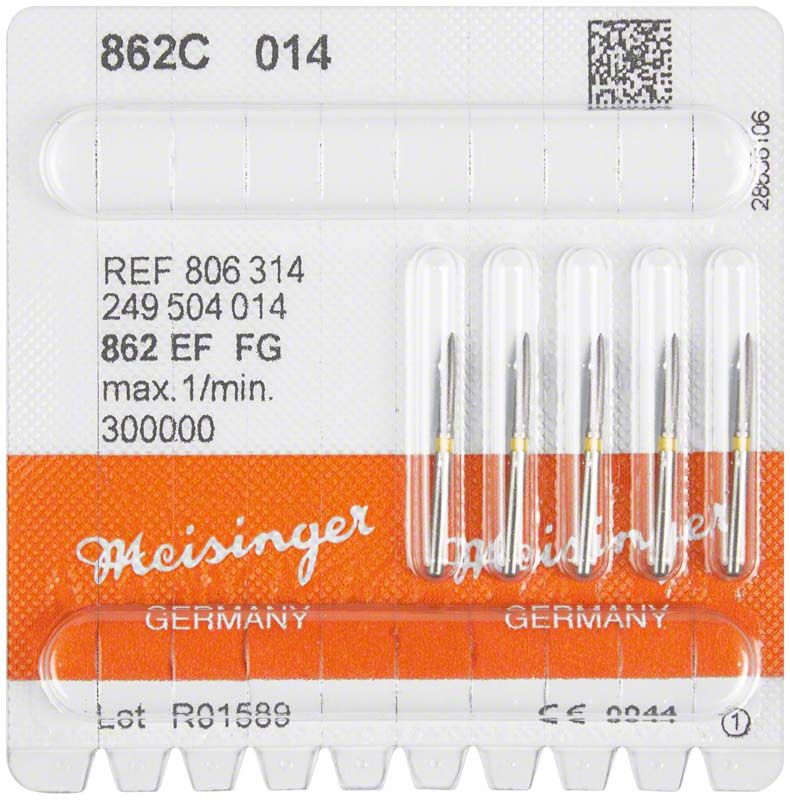 Verpackung von Diamant FG 862C 014 mit sechs gelben Schleifköpfen.