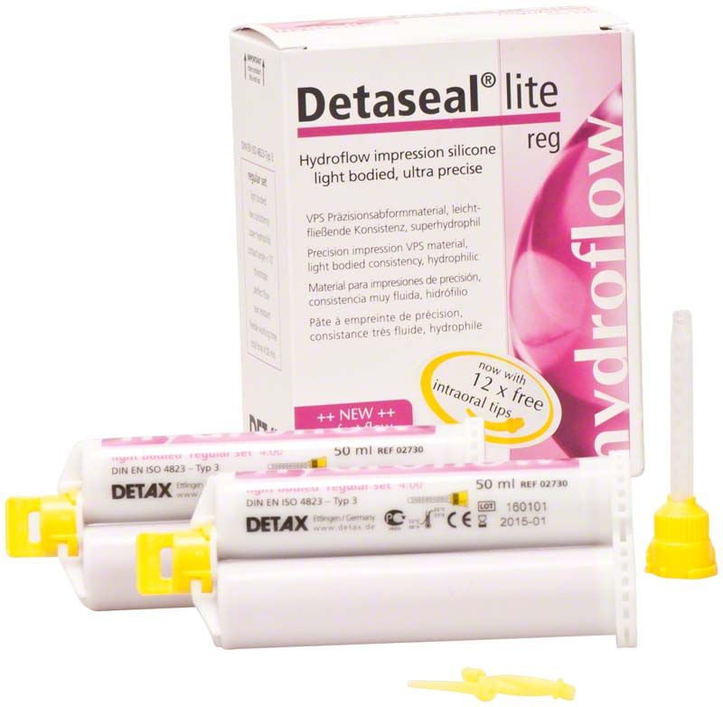 Detaseal hydroflow lite Kartuschen 2 x 50ml mit Verpackung und Mischspitze.