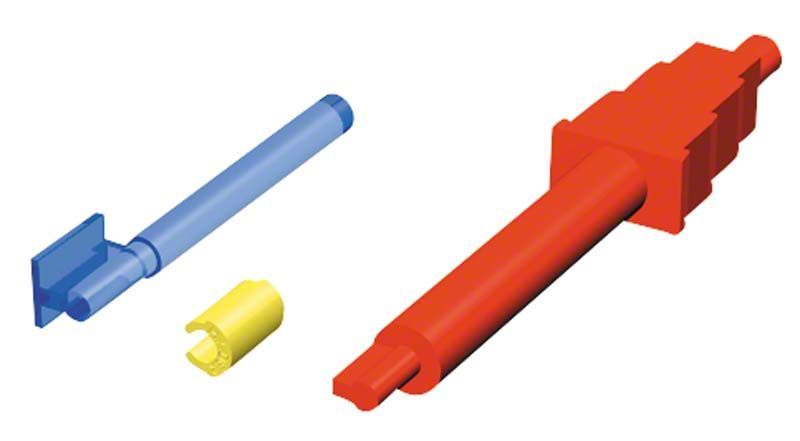 Extrakoronales Stabgeschiebe-Set mit blauer Patrize und gelber Matrize.