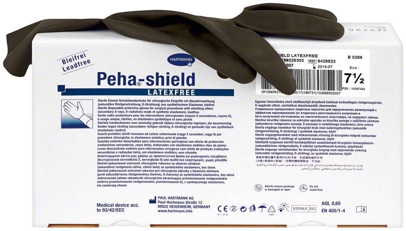 Peha®-shield latexfreie Handschuhe Größe 7,5 auf Verpackung mit Text.