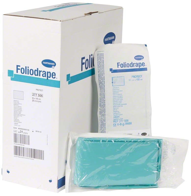 Foliodrape® Protect Abdecktuch mit Verpackung und Einzelverpackung.