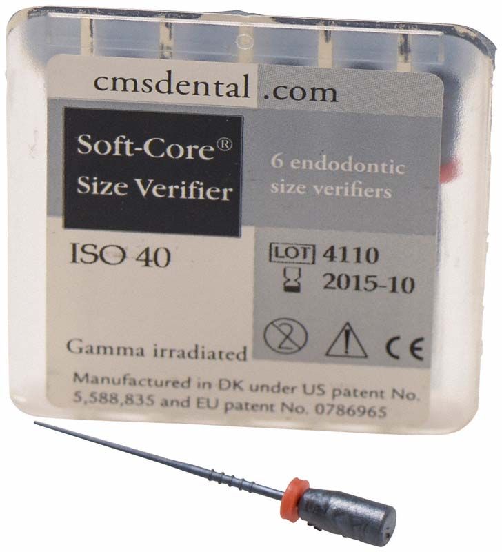 Endodontisches Soft-Core Prüfstift ISO 040 mit Verpackungsetikett.