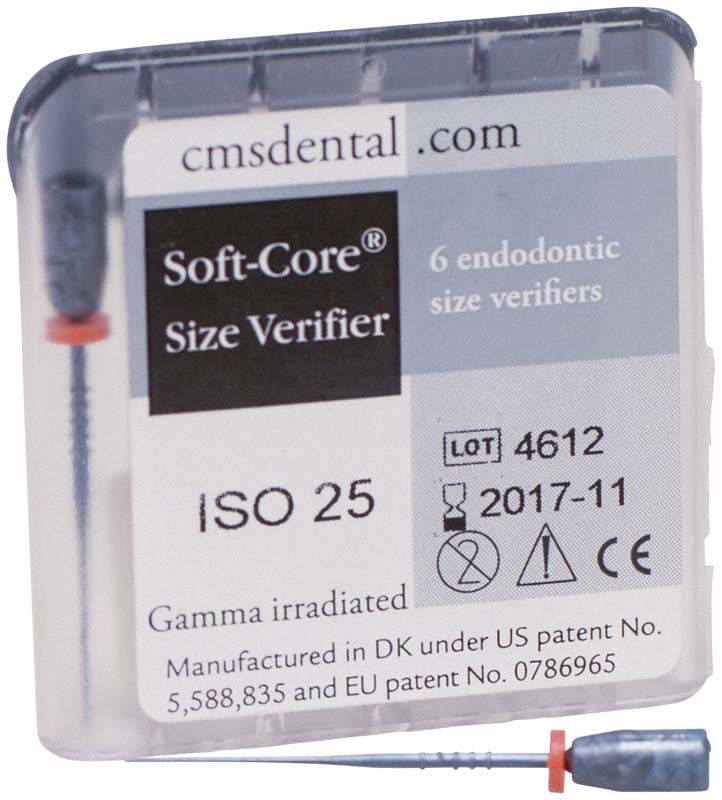 Transparente Verpackung mit Soft-Core Prüfstift ISO 025 und Endodontieprüfstiften.