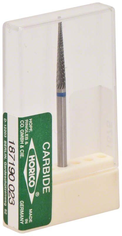 Hartmetallfräser mit Kreuzverzahnung in transparenter Verpackung.