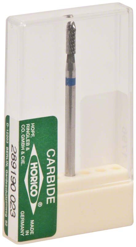 Hartmetallfräser mit Torpedoform in transparenter Verpackung.