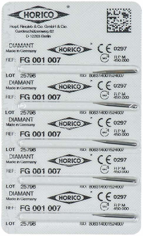 Zahnbohrer FG 001 007 auf Blisterverpackung mit Herstellerinformationen.