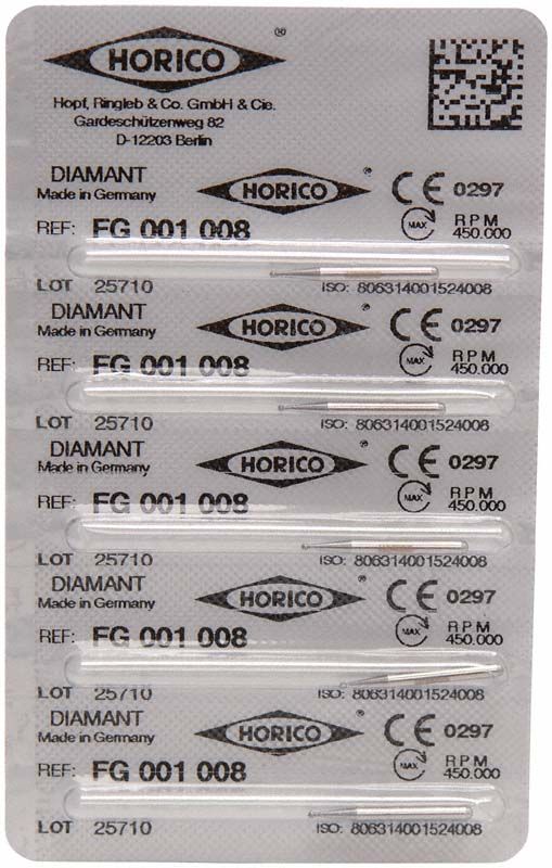 Blisterverpackung mit Diamant-FG-Schleifern Modell FG 001 008 von Horico.