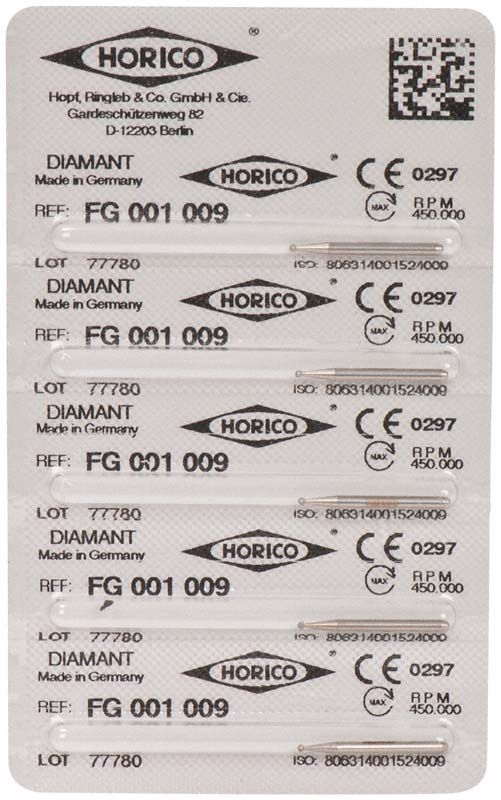 Verpackung von Diamantschleifer FG 001 009 mit Horico-Logo und CE-Kennzeichnung.