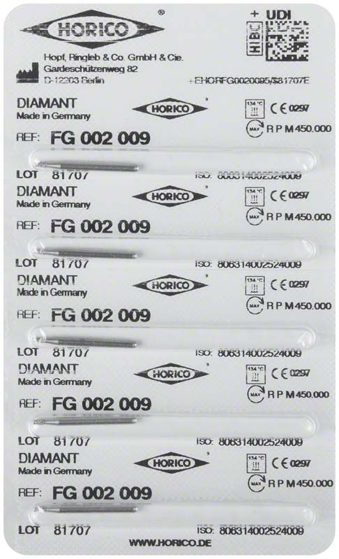 Blisterpackung mit fünf Diamant-FG 002 009 dentalen Schleifinstrumenten.