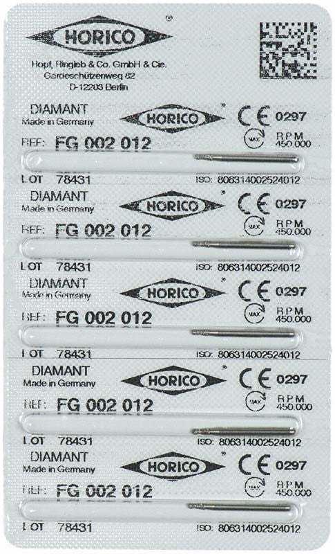Blisterverpackung mit Diamant-FG-Fräsern FG 002 012 von Horico.