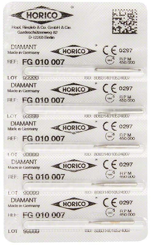 Blisterpackung mit Diamant FG 010 007 Schleifinstrumenten, einzeln verpackt.