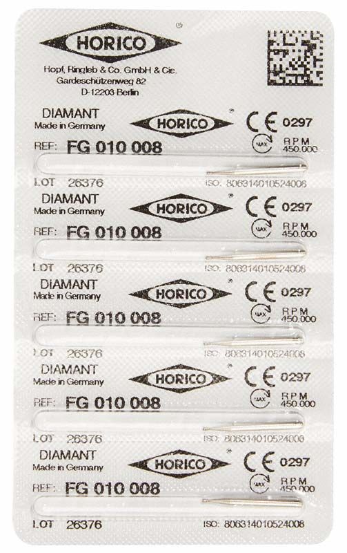 Blisterpackung mit Diamant FG 010 008 Schleifinstrumenten von Horico.