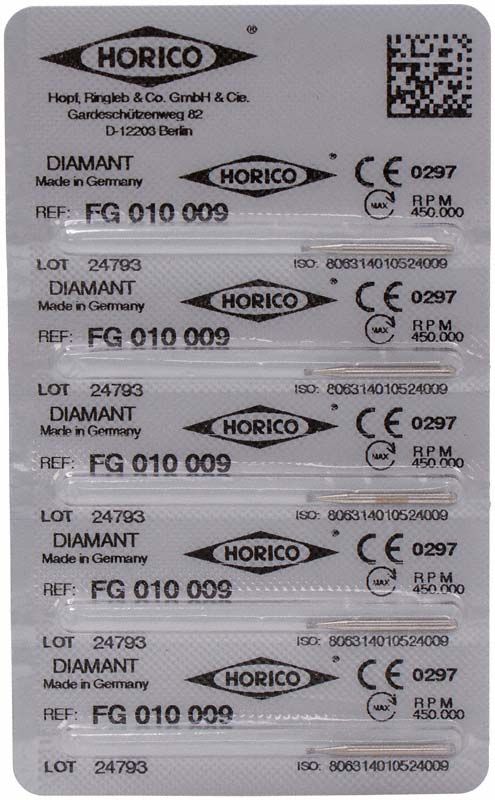 Blisterpackung mit Diamant-FG 010 009 Schleifinstrumenten von Horico.