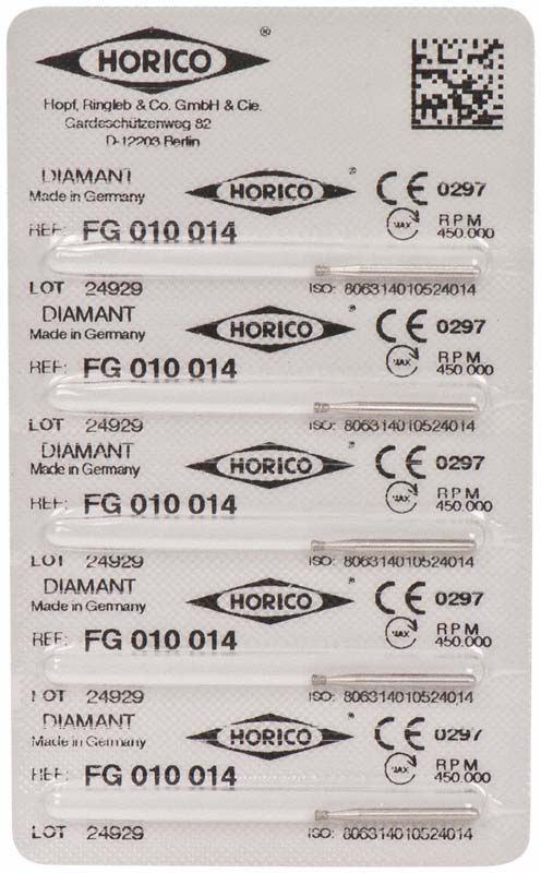 Verpackung mit fünf Diamant-Schleifkörpern, Modell FG 010 014, Made in Germany.