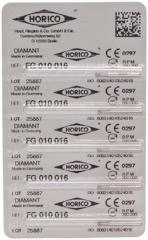 Blisterverpackung mit Diamant-FG 010 016 Dentalinstrumenten von Horico.