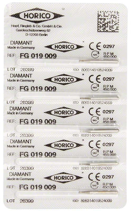 Blisterverpackung mit Diamant-FG-Schleifern, Modell FG 019 009, mit CE-Kennzeichnung.