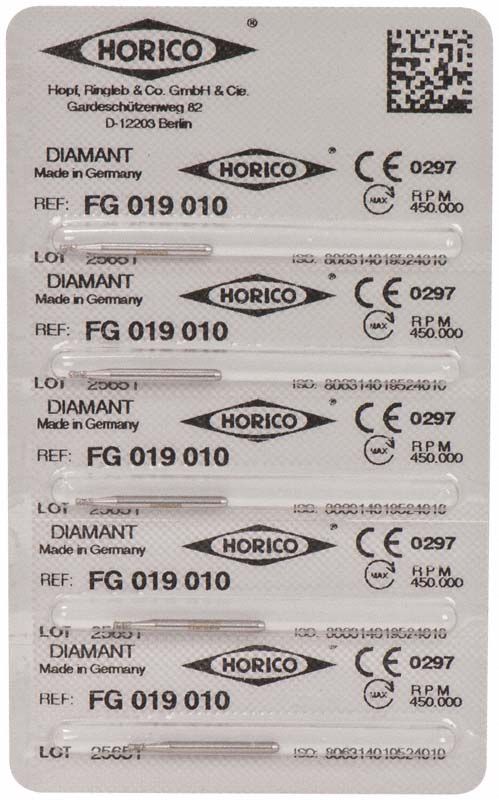Blisterpackung mit Diamant FG 019 010 Schleifinstrumenten, sechs Stück.