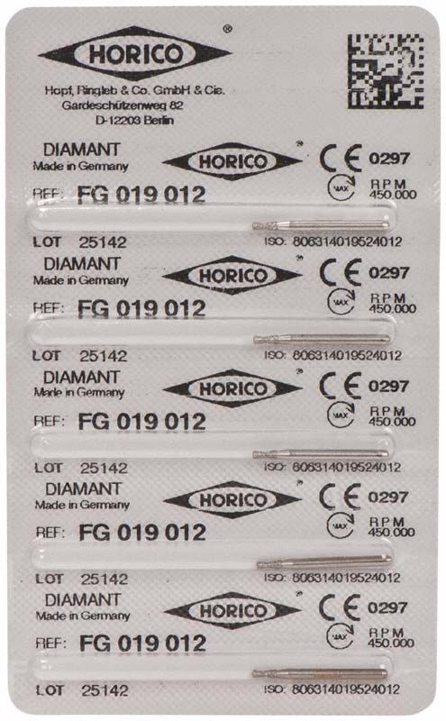 Blisterpackung mit Diamant-Schleifinstrumenten, Modell FG 019 012, von Horico.