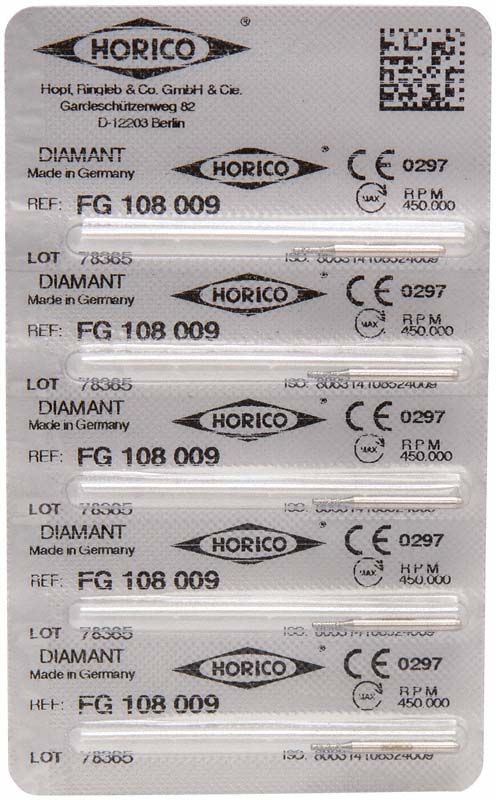 Blisterverpackung mit Diamant FG 108 009 Zahnbohrer, Horico-Logo sichtbar.