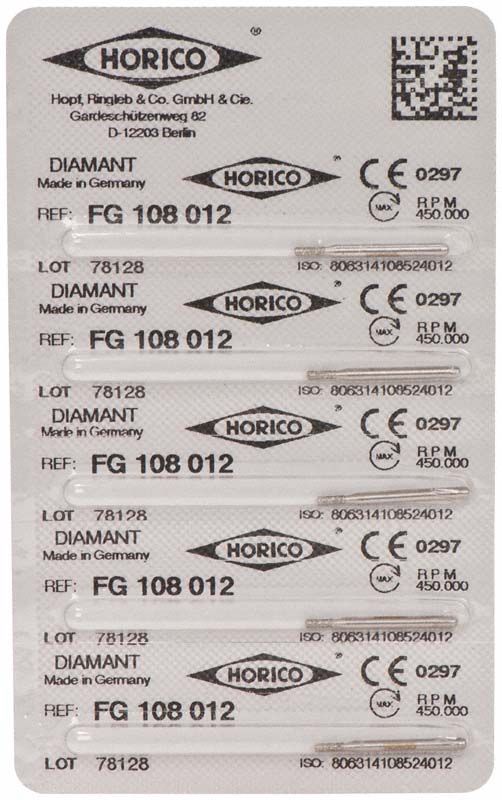 Verpackung von Diamant FG 108 012 Schleifinstrumenten mit CE-Kennzeichnung.