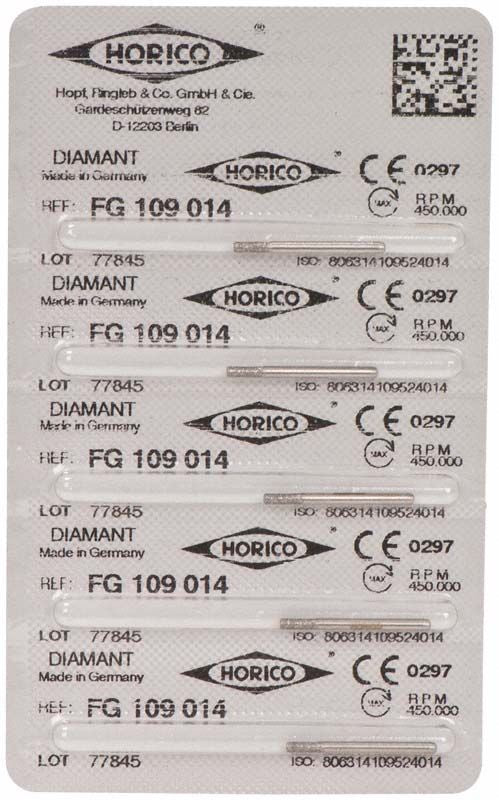 Blisterpackung mit fünf Diamant-Schleifinstrumenten FG 109 014 von Horico.