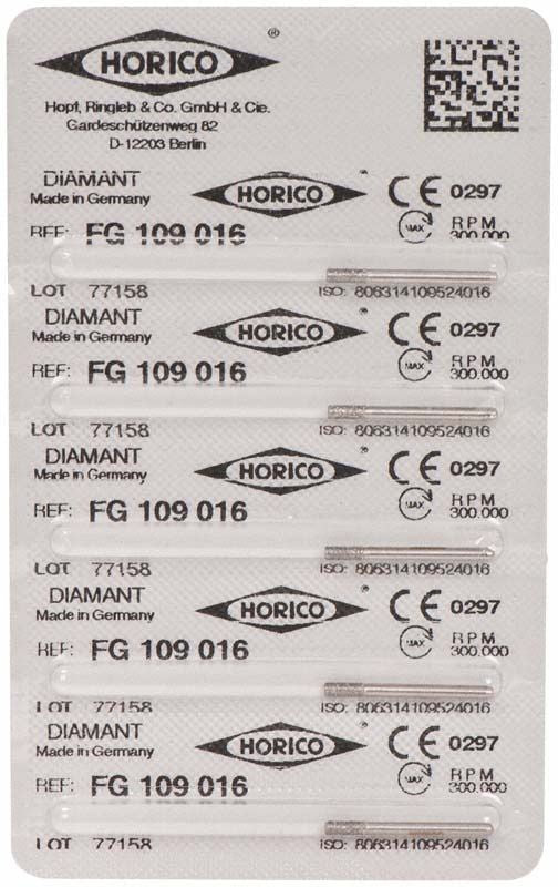 Verpackung mit fünf Diamant-FG-109-016-Schleifkörpern von Horico.