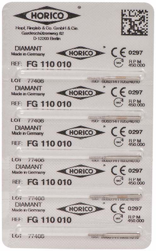 Blisterpackung mit Diamant-FG 110 010 Schleifinstrumenten von Horico.