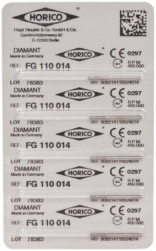 Blisterverpackung mit sechs Diamantinstrumenten FG 110 014 von Horico.